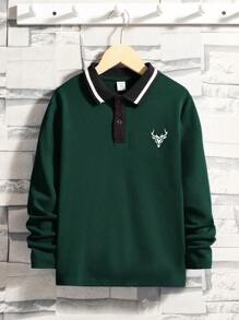 SHEIN Cậu bé Tween Bằng phẳng Dệt kim Vòng cổ Tay áo dài Lỏng lẻo Và Thoải mái Áo polo - màu xanh lá - Xem 1