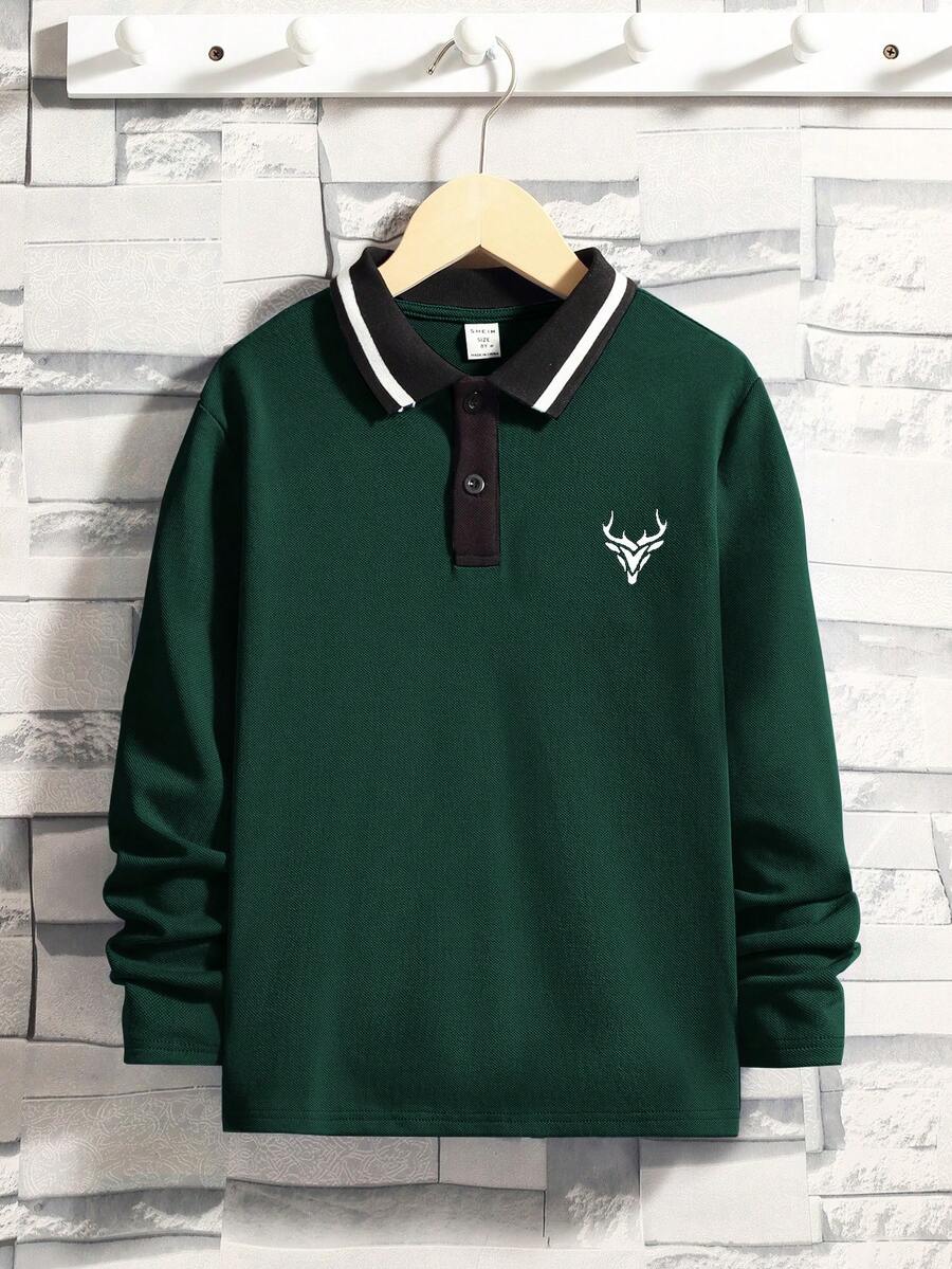 SHEIN Cậu bé Tween Bằng phẳng Dệt kim Vòng cổ Tay áo dài Lỏng lẻo Và Thoải mái Áo polo - màu xanh lá - Xem 1