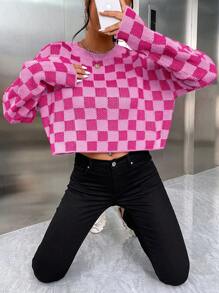 SHEIN Privé Bàn cờ Mẫu Thả vai Quần skinny Áo len - Nhiều màu - Xem 5