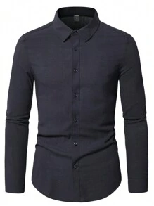 Manfinity Mode Men's Slim Fit Long Sleeve Shirt - Navy Blue - View 3