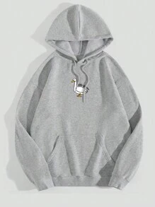 SHEIN EZwear Cartoon Goose Pattern Hooded Long Sleeve Sweatshirt - Grey - View 1