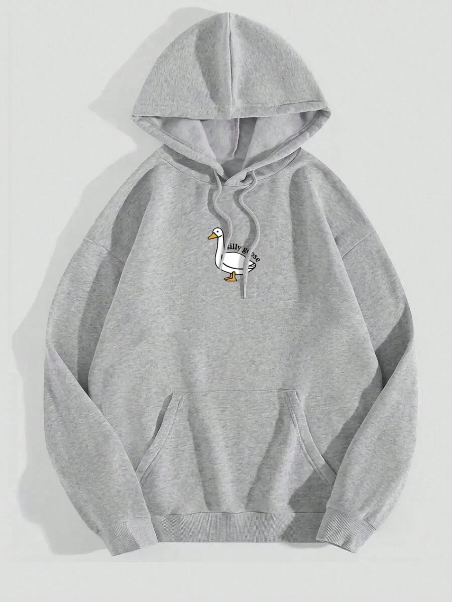 SHEIN EZwear Cartoon Goose Pattern Hooded Long Sleeve Sweatshirt - Grey - View 1