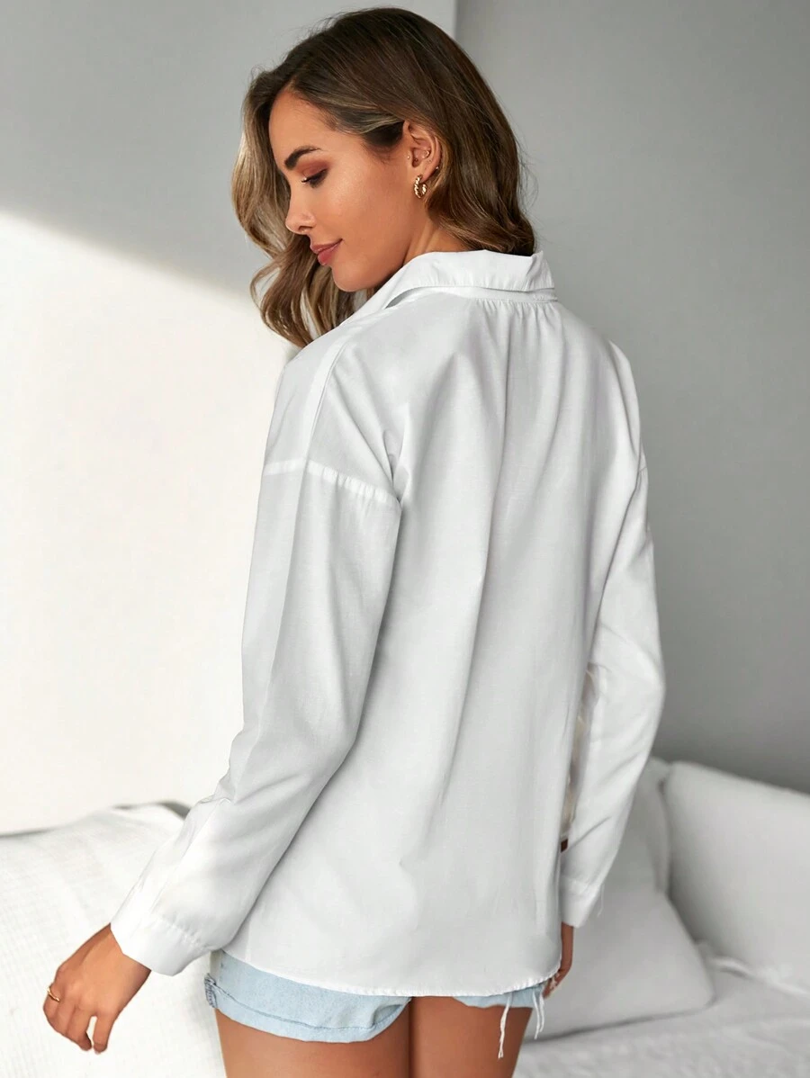 EURMUSE Áo sơ mi cài nút trước vai trơn - trắng - Xem 1