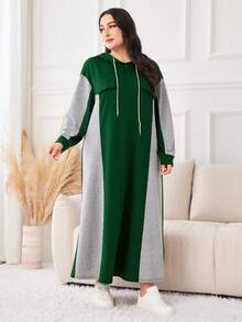 Mulvari Plus Size Women's Colorblock Hooded Drawstring Sweatshirt Dress - Multicolor - View 6