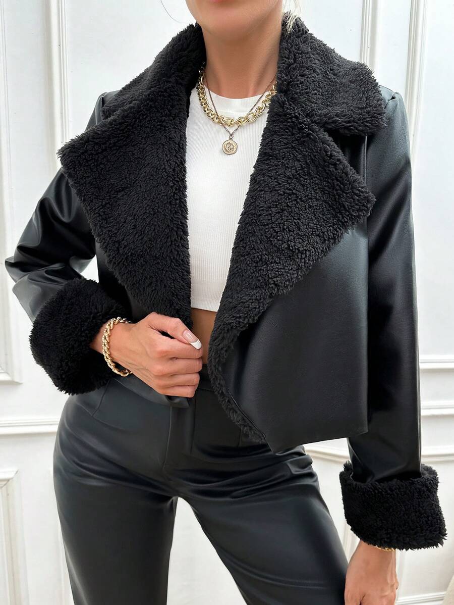 SHEIN Allurite Short Mixed Color Jacket With Large Lapel Collar For Casual Wear - Black - View 1