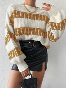 EURMUSE Pull Femme Tricoté À Épaules Tombantes En Blocs De Couleur - Castanho - Ver 3