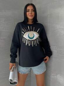 EURMUSE Sequin Eye Pattern Drop Shoulder Sweatshirt - Black - View 6