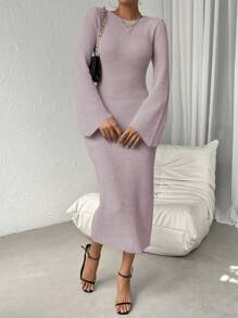 Chiquease Vestido Ajustado De Suéter Con Mangas Acampanadas - Morado - Ver 4