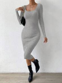 SHEIN Privé Thon gọn Sọc Đầm Áo len Với Cổ áo Scoop - Xám - Xem 6