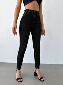 Cottnline Quần Jeans Skinny Trơn Thường Ngày - màu đen - Xem 5