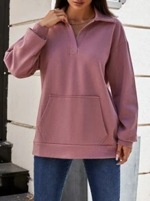 EURMUSE Kangaroo Pocket Drop Shoulder Sweatshirt - Pink - View 3