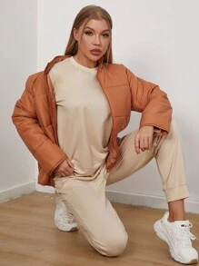 SHEIN Unity Women's High-Neck, Thick And Warm Coat, Long-Sleeved T-Shirt And Trousers Three-Piece Set For Daily Wear In Autumn And Winter