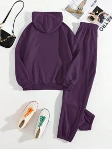 INAWLY Women's Purple Hooded Sweatshirt And Pants Set With Drawstring - Purple - View 2