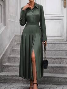 SHEIN Clasi 女式高開叉襯衫洋裝 - 綠色 - 查看 1