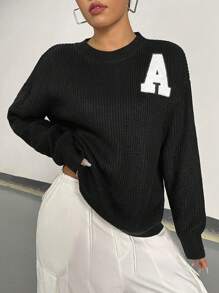 Flirla Letter Patched Drop Shoulder Knit Pullover Fall Winter Sweater - Black - View 3