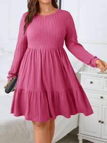 SHEIN Clasi 大尺碼女用荷葉邊下擺絞花針織連身裙 - 玫紅色 - 查看 7