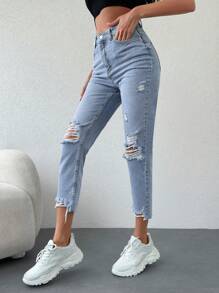 EURMUSE 100%Cotton Ripped Raw Hem Mom Fit Jeans - Light Wash - View 5