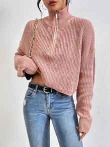 SHEIN LUNE Women's Half-Zip Drop Shoulder Knit Pullover Fall Winter Sweater - Dusty Pink - View 1