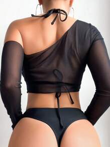 SHEIN Swim 女式黑色不对称网眼罩衫，带水钻细节，夏季 - 黑色 - 查看 2