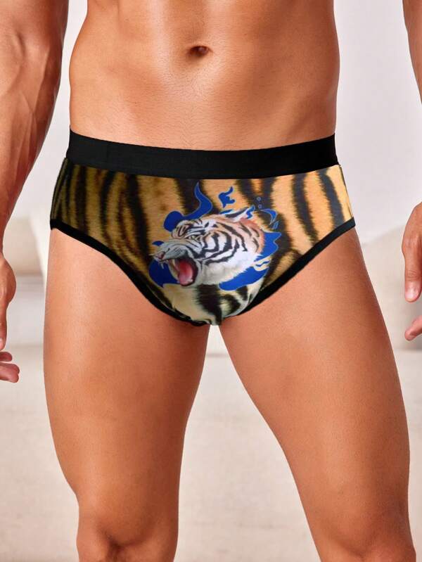 Men's Tiger Pattern Printed Colorblock Triangle Underwear With Contrast Trim