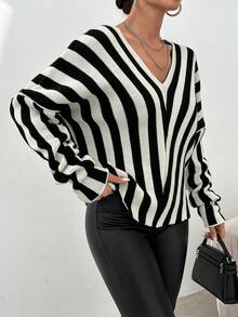 SHEIN 女士v領條紋毛衣 - 黑與白 - 查看 4