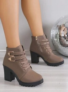 女士時尚舒適圓頭雙扣高跟鞋 - 駝色 - 查看 1