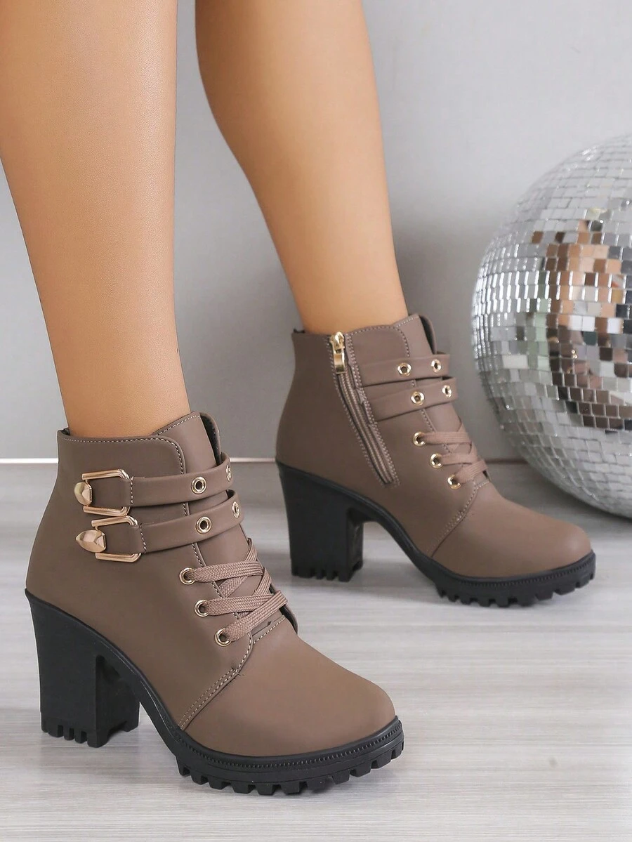 女士時尚舒適圓頭雙扣高跟鞋 - 駝色 - 查看 1