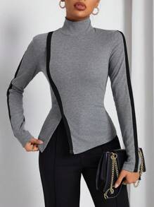 SHEIN Essnce Women's High Neck Split Hem Tee With Contrast Trim - Grey - View 5