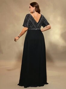 UNITHORSE Plus Size Women V-Neck Sequins Chiffon Patchwork Dress Party Dress Wedding Guest Dress Formal Dress Evening Dress,Gown - Black - View 3