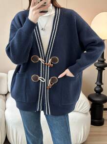 Elegante cárdigan con cuello en V, botones con cuernos de cordero, primavera y otoño - Azul Marino - Ver 6