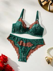 SHEIN 色塊蕾絲拼接性感內衣套裝 - 彩色 - 查看 1
