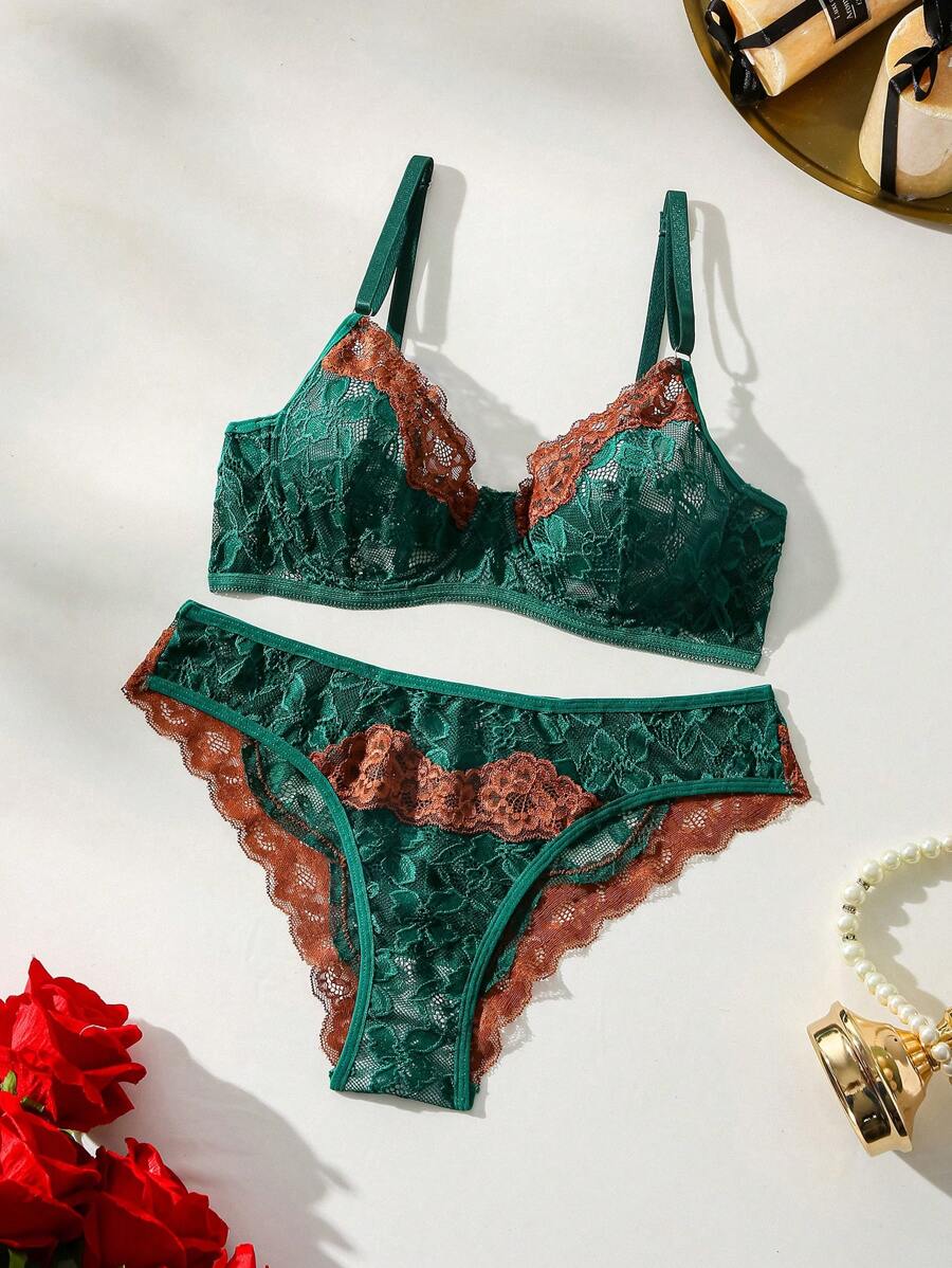SHEIN 色塊蕾絲拼接性感內衣套裝 - 彩色 - 查看 1