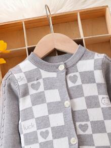 嬰兒男童格子心形圖案前鈕釦針織衫 - 灰色 - 查看 4