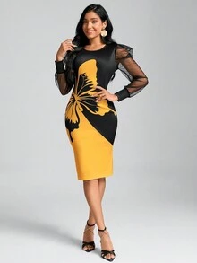 SHEIN Clasi 女士蝴蝶印花網眼拼接長袖連衣裙 - 黃色 - 查看 5