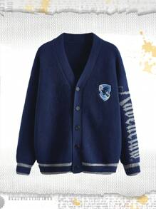 Harry Potter | ROMWE Plus Button-Front Rauenclaw Graphic Embroidery Dropped Shoulder Cardigan - Blue - View 1