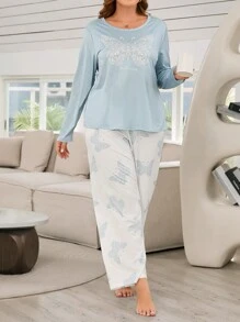 Conjunto De Ropa De Casa Casual Con Patrón De Mariposa Y Talla Grande - Celeste - Ver 5