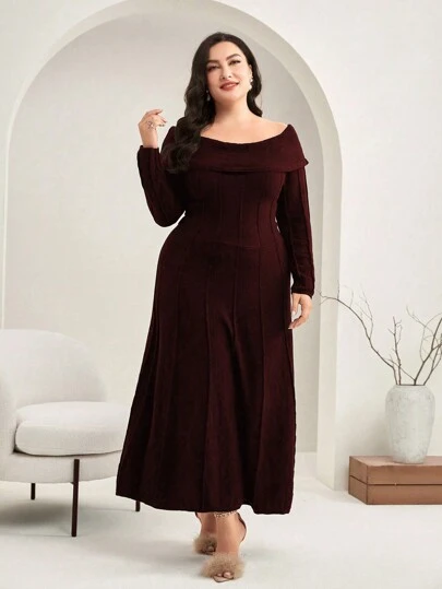 Modelyn 女款大尺碼露肩長毛衣洋裝