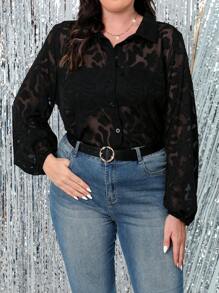 SHEIN Clasi 大尺碼燈籠袖提花網紗襯衫