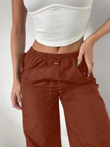 SHEIN Essnce 女用腰部抽繩降落傘褲 - 棕色 - 查看 3