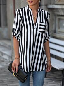 Chiquease Striped Print Pocket Patched Curved Hem Popover Blouse - Black and White - View 3