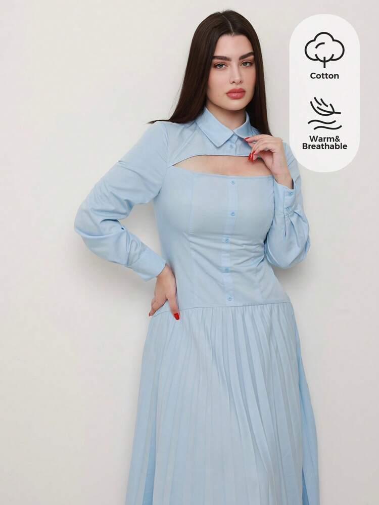Cutout Front Pleated Hem Shirt Dress