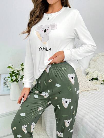Koala Letter Graphic Wit Top Pants PJ Set Pajama Set, Fall Clothes Cozy Elegante view 5