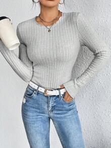 SHEIN Frenchy Women's Solid Color Ribbed T-shirt - Grey - View 3