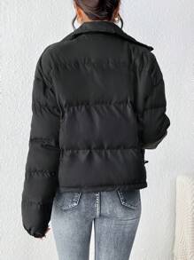 SHEIN Frenchy 秋冬纯色短款夹棉黑色休闲抽绳下摆外套 - 黑色 - 查看 2