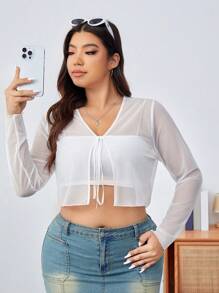 SHEIN EZwear Knit Mesh Tie-front Plus Size Top