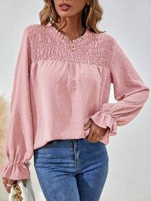 SHEIN LUNE 女款純色長袖荷葉邊襯衫 - 粉色 - 查看 4