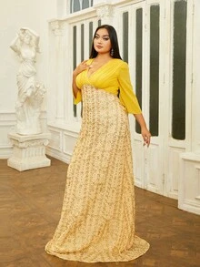 seomiscky 大尺碼女性雪紡鑲珠正式連身裙,深v領線條,a字褶裙和帝國腰線設計 - 黃色 - 查看 3