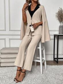 SHEIN Privé 撞色西裝褲套裝 - 杏色 - 查看 3