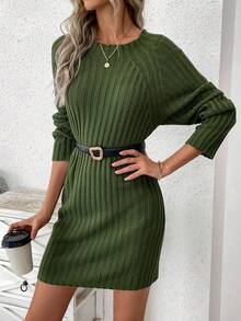 SHEIN LUNE Women'S Ribbed Knit Sweater Dress With Raglan Sleeves - Army Green - View 4