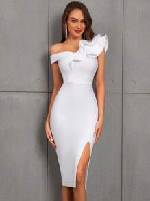 Ruffle Asymmetric Neckline Slit Mid-Length Bandage Bodycon Dress, Suitable For Valentine's Day Party, Wedding Guest, Cocktail Event - White - View 3